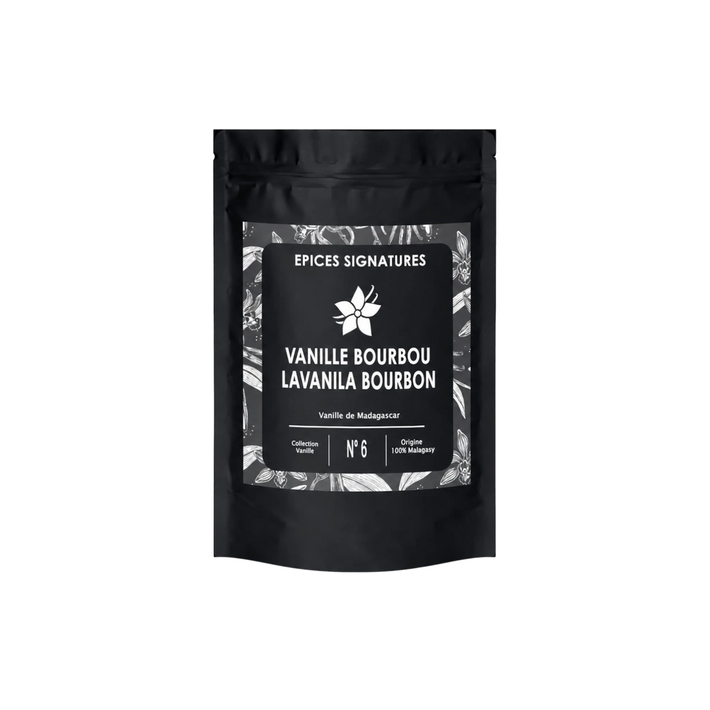 Sachet noir epicessignatures contenant de la vanille Bourbon de Madagascar, étiquette élégante avec motifs floraux.