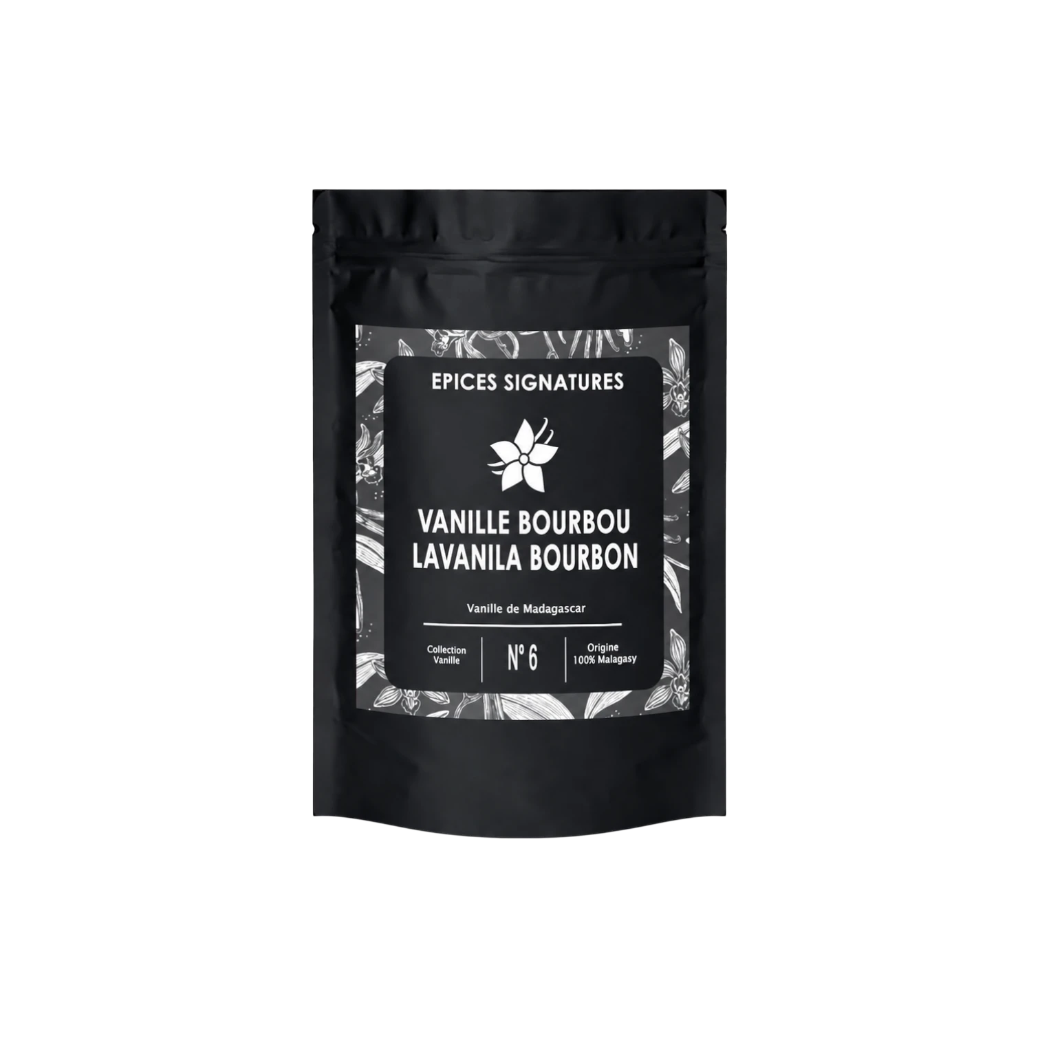 Sachet noir epicessignatures contenant de la vanille Bourbon de Madagascar, étiquette élégante avec motifs floraux.